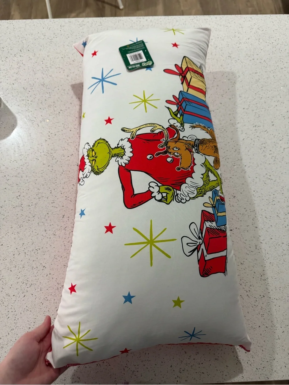 Holiday Grinch Decorative body Pillow in White with Red & Green Accents